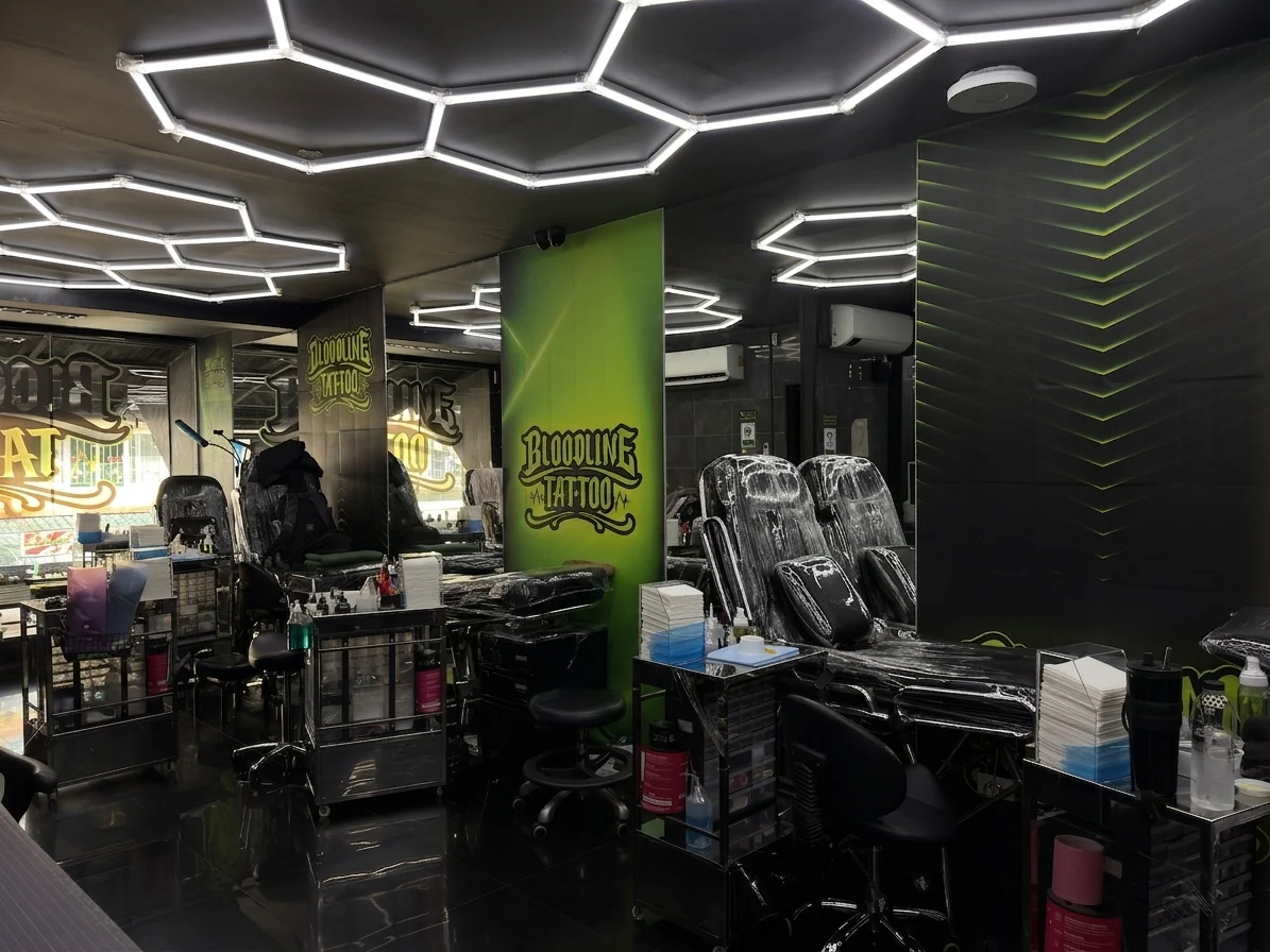 Bloodline Tattoo Phuket studio floor showing multiple clean workstations and equipment
