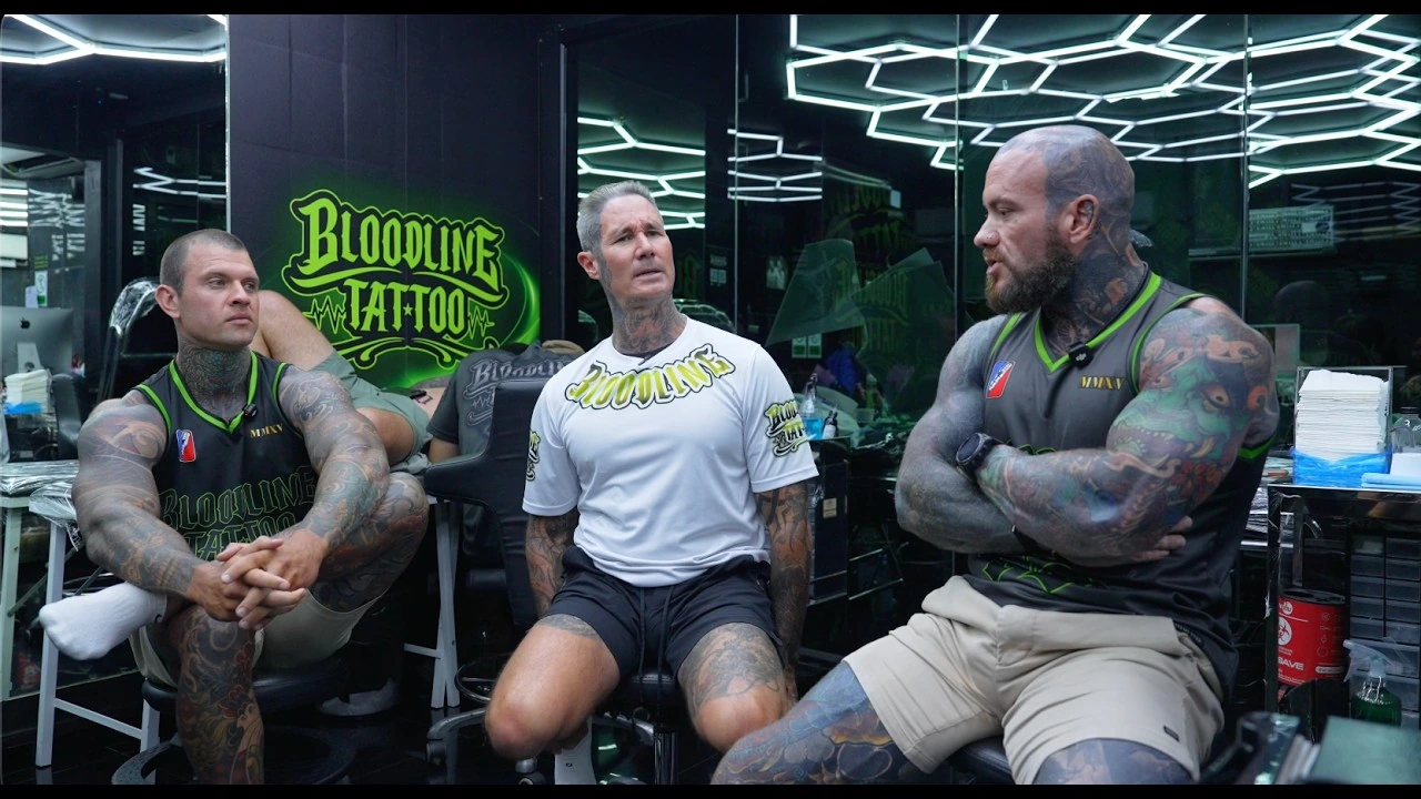 Still from Bloodline Tattoo’s studio story film — founders and artists seated in the Phuket studio